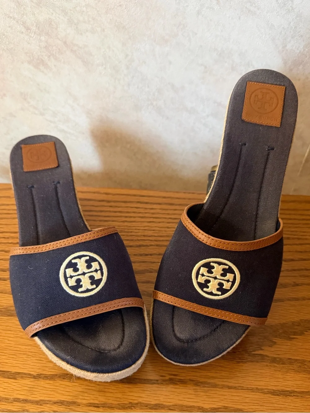 Tory Burch Navy and Tan Espadrille Wedge Slides